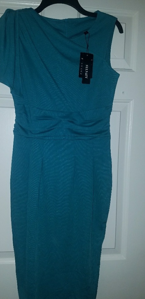 Teal colored one sleeve dress
